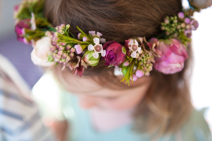 Purple and pink flower crown with roses and peonies