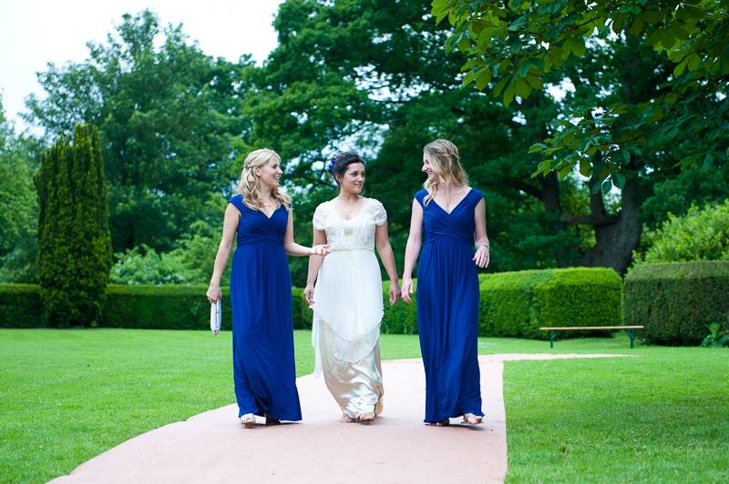 Bride with bridesmaids in blue dresses